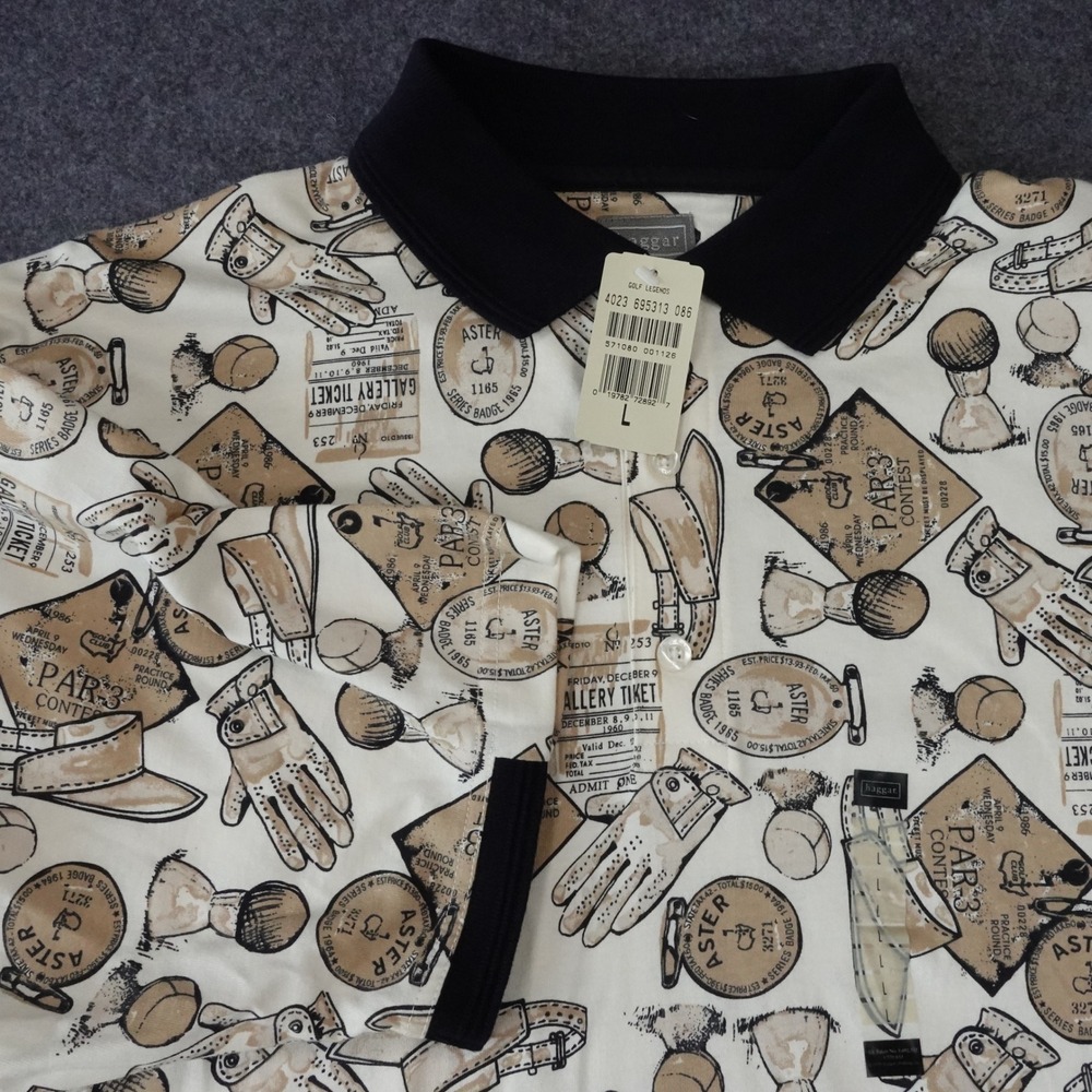 Haggar Golf Legends Mens Large Polo Shirt Vintage Gallery Ticket Print Cream NEW